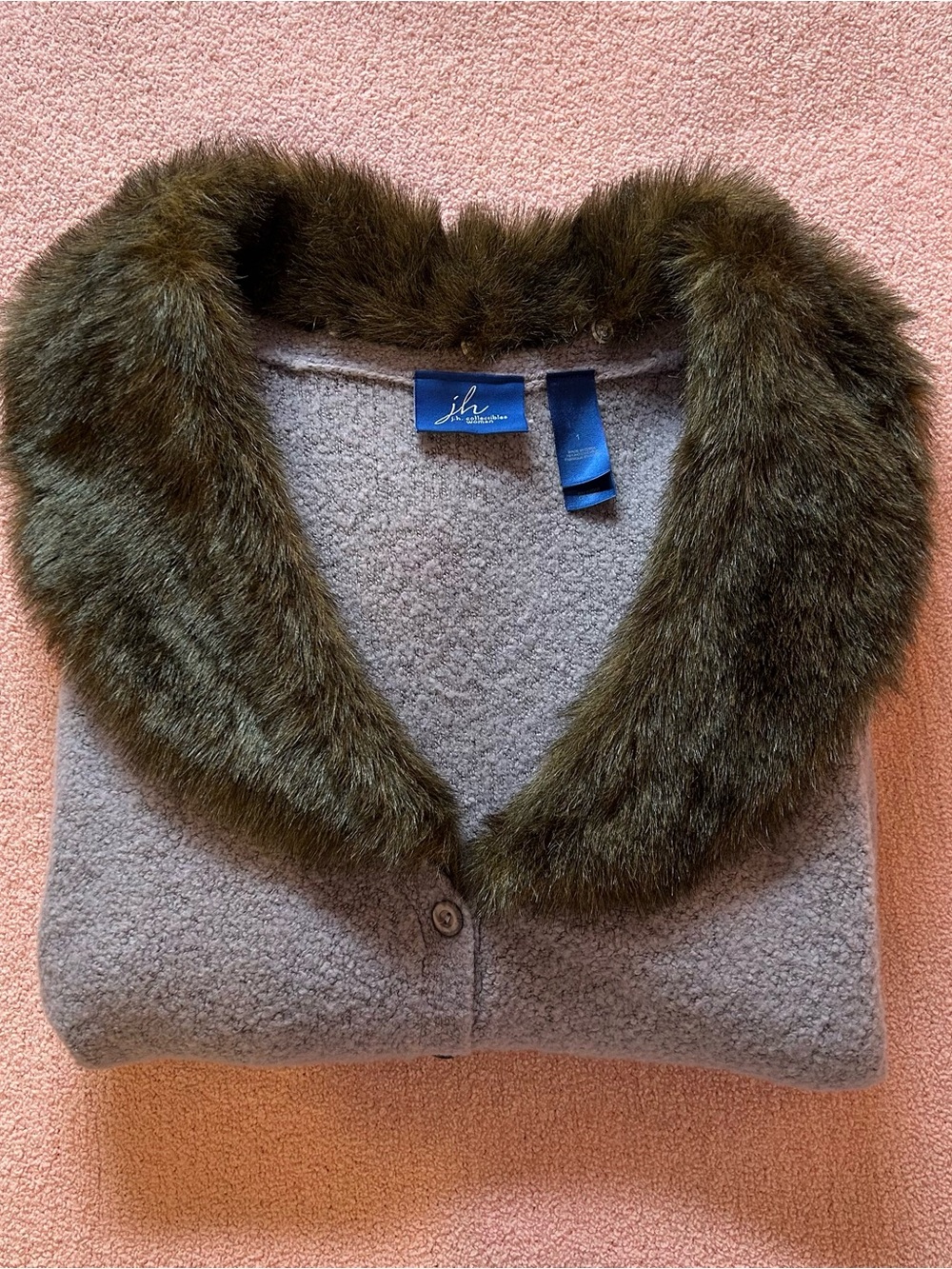 Purple Faux-Fur Collar Wool Blend Cardigan